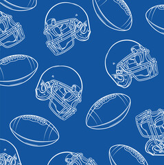A pattern of helmets and soccer balls scattered.Sporty mood.The spirit of American soccer