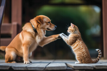 The cat and dog collide their paws. Generative AI.