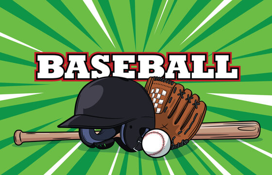 Background in the form of a helmet, glove, bat and baseball. Baseball lettering on the back. Sports Mood.