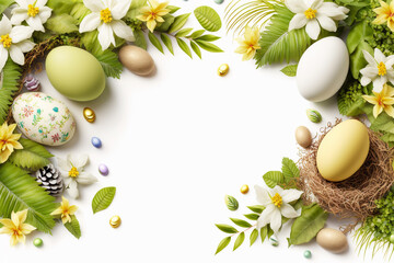 Easter greeting card with copy space. Easter eggs, spring flowers created with Generative AI technology
