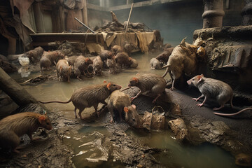 A family of rats frolicking in a polluted river surrounded by piles of industrial waste. Despite the hazardous conditions, the playful animals seem to be enjoying themselves. Generative AI
