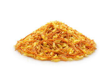 Heap of uncooked bulgur with vermicelli pasta isolated on white background. Ingredients of turkish cuisine.        