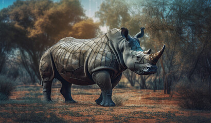 Fototapeta premium Exploring new technologies and artificial intelligence methods being used to increase the population of endangered rhinos. Generative AI