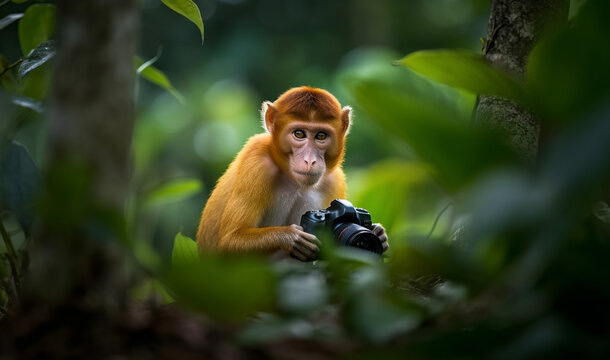The monkey is holding the camera of the photographer. Generative AI