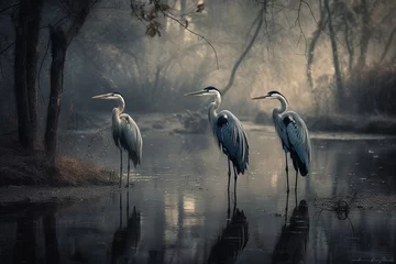 Foto op Plexiglas A family of herons stand tall in murky, polluted waters. Despite the harmful effects of pollution on their natural habitat, these majestic birds have adapted and continue to thrive. Generative AI © yarohork