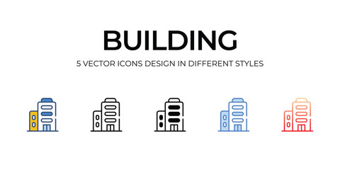 Building Icon Design in Five style with Editable Stroke. Line, Solid, Flat Line, Duo Tone Color, and Color Gradient Line. Suitable for Web Page, Mobile App,UI,UX, and GUI design