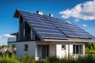 Fototapeta premium photovoltaic solar panels in modern house roof Generative AI