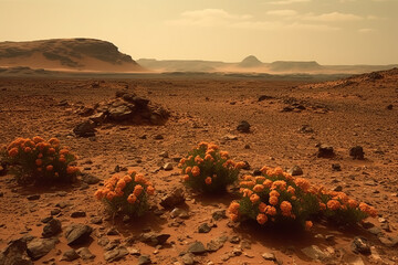 The unique beauty of a single cluster of orange flowers blooming in the midst of a rugged, mountainous landscape on the planet Mars. The possibilities for life on other planets concept. Generative AI