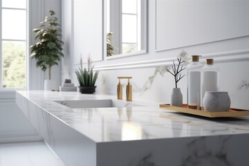 Fototapeta na wymiar White Bathroom Interior: Empty Marble Table Top for Product Generative AI