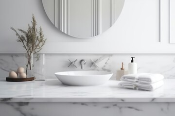 Obraz na płótnie Canvas White Bathroom Interior: Empty Marble Table Top for Product Generative AI