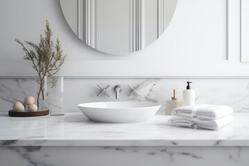 Fototapeta premium White Bathroom Interior: Empty Marble Table Top for Product Generative AI