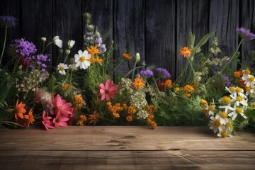 Fototapeta na wymiar Wildflowers and wooden table background Generative AI
