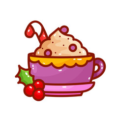 Hot chocolate mug, decorated with Christmas decorations, great for decor, mug with candy on a white background