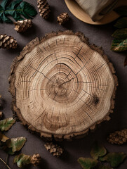 Rustic wooden slice on table with empty space for menu or text. Country wood ring top view flatlay background. Generative AI