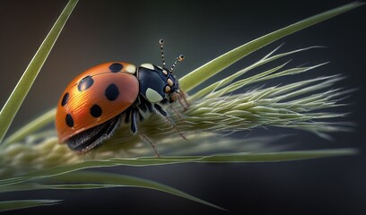  a lady bug sitting on top of a green plant stem.  generative ai