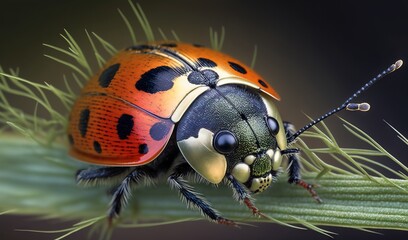  a close up of a lady bug on a plant stem.  generative ai