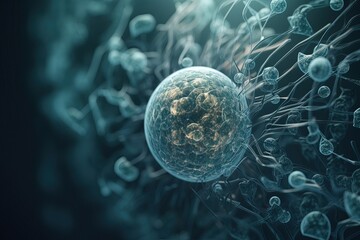 Obraz na płótnie Canvas 3d rendering of Human cell or Embryonic stem cell microscope background. AI generated
