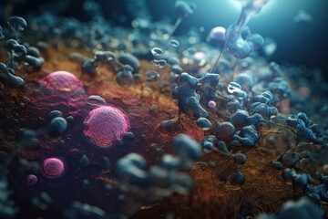 Obraz premium 3d rendering of Human cell or Embryonic stem cell microscope background. AI generated