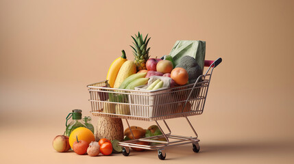 Shopping cart full of food on pastel background. Generative Ai