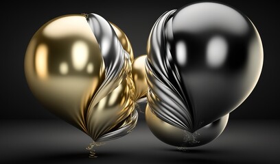  two metallic balloons with a black background and a gold one.  generative ai