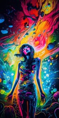 Otherworldly Encounter: Surreal Psychedelic Painting of a Woman's UFO Kidnapping amid Fluorescent Colors. Generative AI.