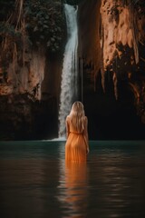 Graceful Woman with Flowing Hair in Serene Waterfall Landscape. Generative AI.