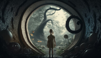 Fototapeta na wymiar Little girl in front of the entrance to the surreal astral world of mushrooms, created by a neural network. Digital image. Not based on any real person, scene or model. Generative AI.