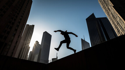 A silhouetted man jumping around an urban city landscape, the bright sun just peaking from behind the massive skyscrapers - Generative AI 