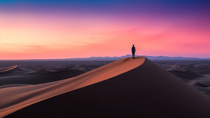 A lonely man silhouetted standing on top of a sand dune in the middle of a desert with the amazing soft, orange, and pink sunset - Generative AI