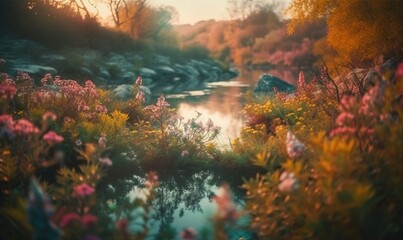 Fototapeta na wymiar a river surrounded by lots of flowers next to a forest. generative ai