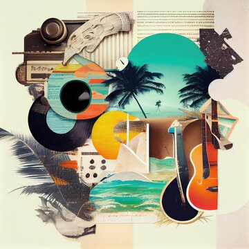 Summer Music Collage, Surreal Contemporary Poster, Drawing Imitation, Abstract Generative AI Illustration