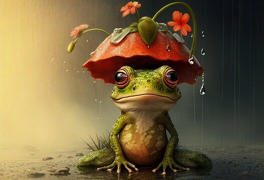 Fantasy frog in a flower hat. Illustration by Generative AI.
