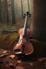 violin sitting on the ground in the middle of a forest. Generative Ai
