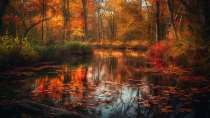 A tranquil pond reflecting the vibrant colors of autumn leaves, surrounded by trees ablaze with red, orange and yellow hues. Generative AI - obrazy, fototapety, plakaty