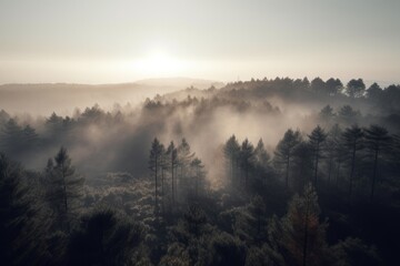 pine forest in the mountains, blanketed in morning mist. The trees rise tall and straight, with their branches covered in needles that are tinged with dew Generative AI