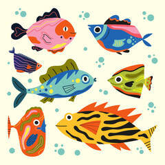 Vector illustration set with ocean colored fish. Trendy collection with abstract patterns on sea animals. - 587804380