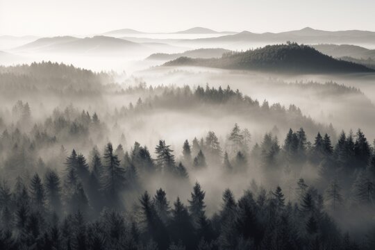 pine forest in the mountains, blanketed in morning mist. The trees rise tall and straight, with their branches covered in needles that are tinged with dew Generative AI © Marija