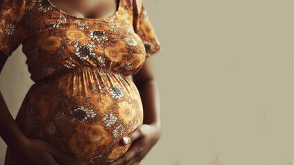 A pregnant African American woman in a sundress strokes her belly. Place for text. Copy space. Waiting for the birth of a child