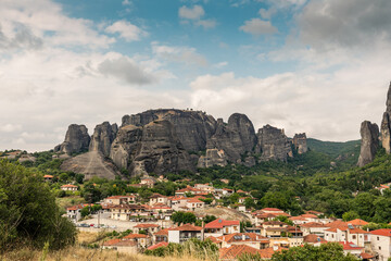 Fototapeta na wymiar Kastraki, Grece - July 15, 2020 - Panorama of Kastraki Village at Meteora with high rocks