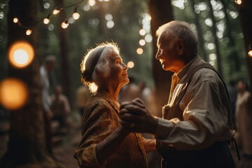 Fototapeta na wymiar Nighttime party held in a beautifully decorated backyard. In the foreground, an older couple dances together, smiling and laughing as they enjoy the music and the atmosphere Generative AI