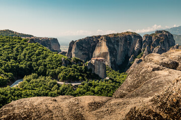 Kastraki, Grece - July 15, 2020 - Panorama of Kastraki Village at Meteora with high rocks