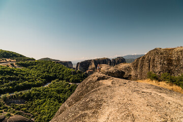 Kastraki, Grece - July 15, 2020 - Panorama of Kastraki Village at Meteora with high rocks