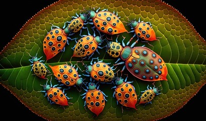 Fototapeta premium a group of ladybugs sitting on top of a green leaf. generative ai
