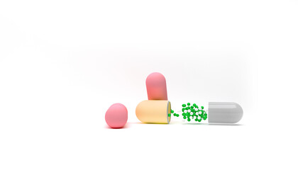 Opened medical pill capsule with colorful spherical drug particles on surface. 3d render illustration. Realistic color pills. Pharmacy medicine and healthcare. Antibiotic or vitamin tablets.