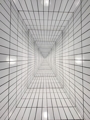 Endless abstract tunnel lined with white glossy tiles.