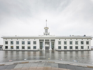 The facade of the Kyiv river station building. Poshtova Square, Kyiv, Ukraine.