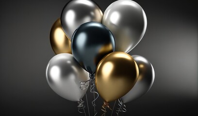  a bunch of metallic and black balloons in a vase on a black background.  generative ai