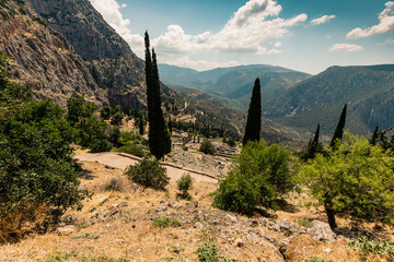 Delphi, Grece - July 15, 2020 - Landscape of archaeological site of Delphi