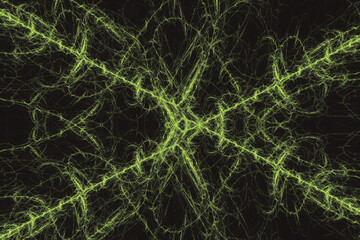 Green pattern of crooked threads on a black background. Abstract fractal 3D rendering