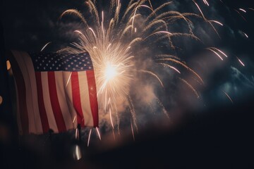 Patriotic spirit of the United States, with an American flag unfurled against a backdrop of colorful fireworks celebrating Independence Day Generative AI
